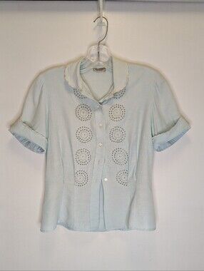Vintage Light Blue Blouse w Eyelet Embroidery Details